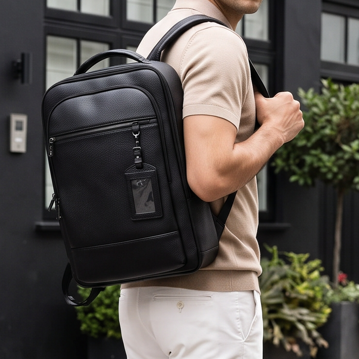 Textured Faux Leather Multifunctional Backpack - Black