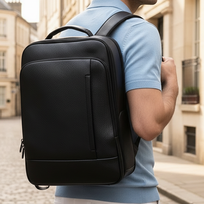 Textured Faux Leather Utility Backpack - Black