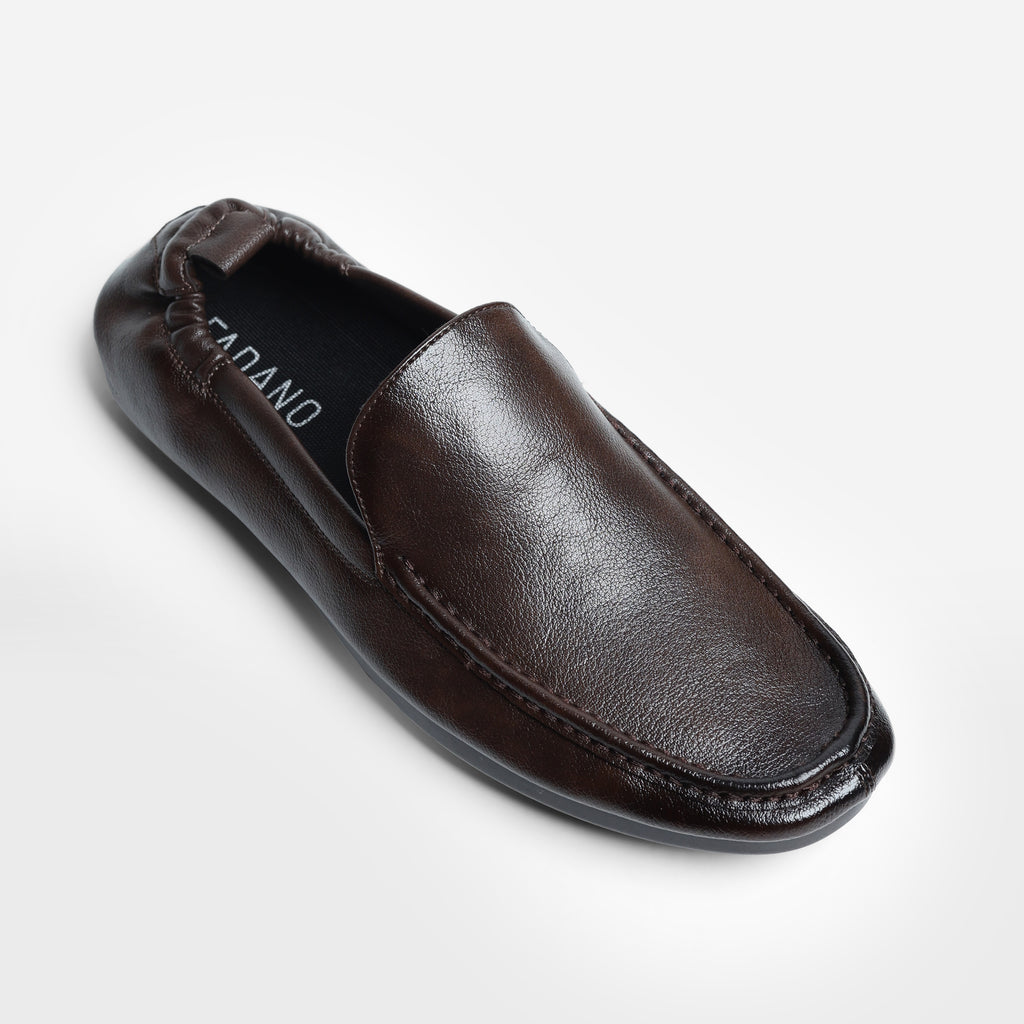 Fadano Stratford Driving Loafers — stylish and comfortable brown slip-on shoes for men, crafted with breathable microfiber leather and lightweight AeroFlex™ sole for everyday versatility. These formal loafers rival bata, almas shoes men, and borjan shoes, while offering the comfort of casual footwear. Ideal for men who value both eastern and western styling, whether you're heading to the office or dressing up for an event in Pakistan.